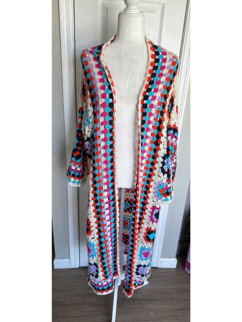 POL Mosaic Crochet Cardigan Cottagecore Granny Squares Boho One Size - Picture 4 of 9